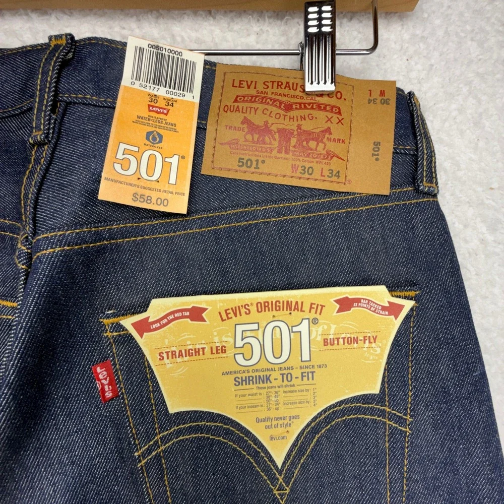 Levis 501 Original Fit Shrink-To-Fit Rigid Indigo Mens Jeans 30x34 005010000
